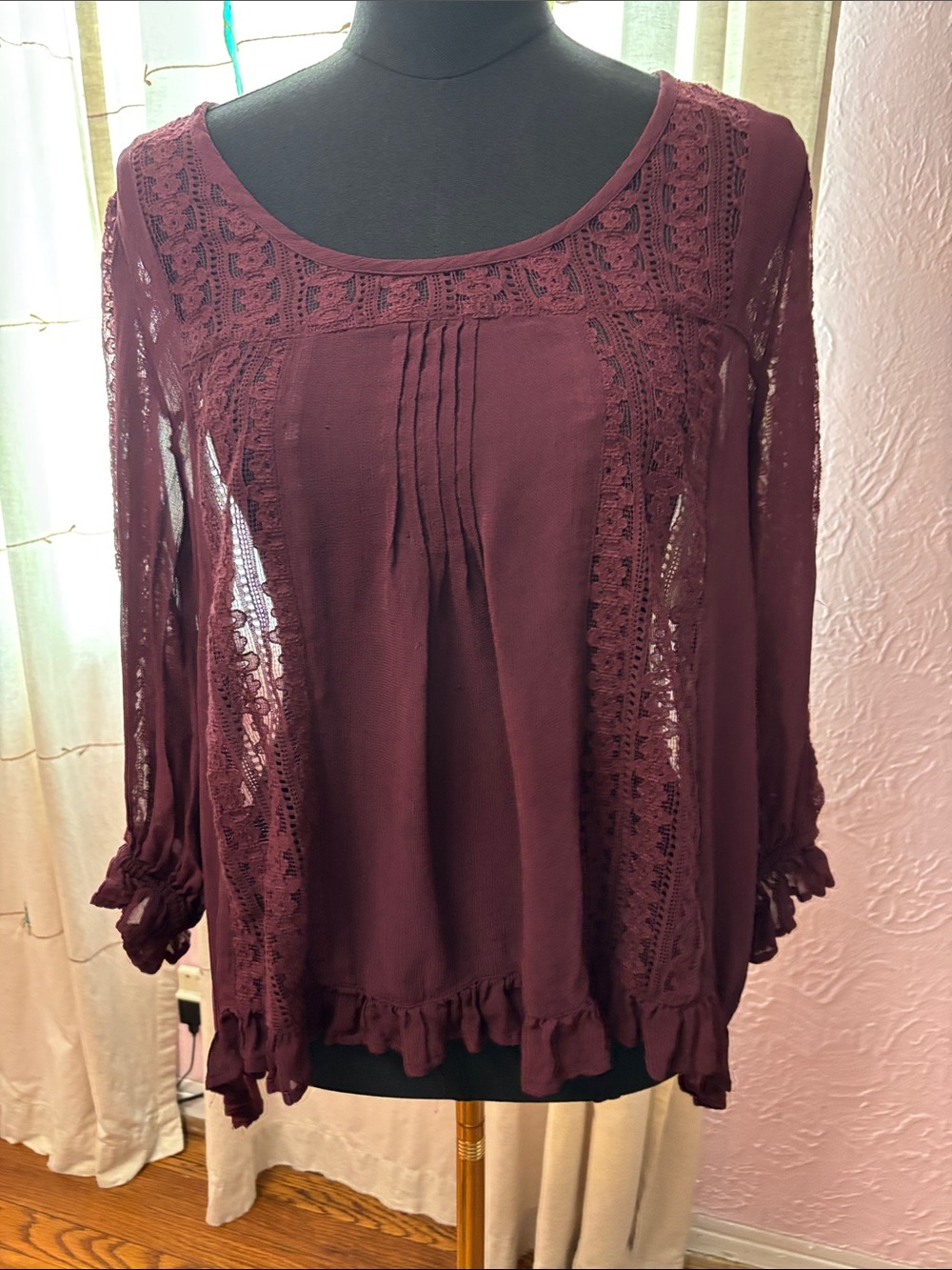 Cost Plus World Market Burgundy Lace-Panel Peasant Top